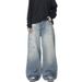 Men's Vintage Washed Distressed Denim Jeans - Loose Fit Casual Streetwear Pants With Splatter Design (Blue, Multiple Sizes Available)_mkmklike.com