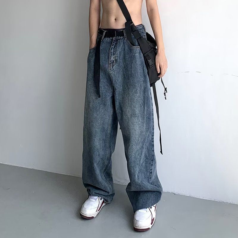 Men's Loose Straight Leg Wide Leg Jeans Japanese Retro Style American Inspired Solid Color Trendy High Street Dad Jeans_mkmklike.com
