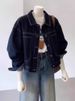 K New Dark Blue Short Denim Jacket With Women's Casual Pocket Design, Workwear Style, Slimming Top.No Accessories Or Interior Decorations_mkmklike.com