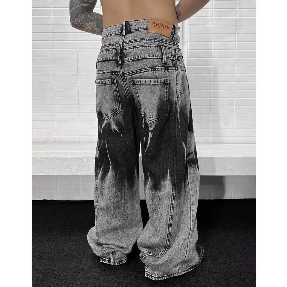 Men’s Washed Grey Wide-Leg Jeans – Vintage Faded Denim Pants, High Waist Loose Fit, Long Hem For Retro Street Style_mkmklike.com