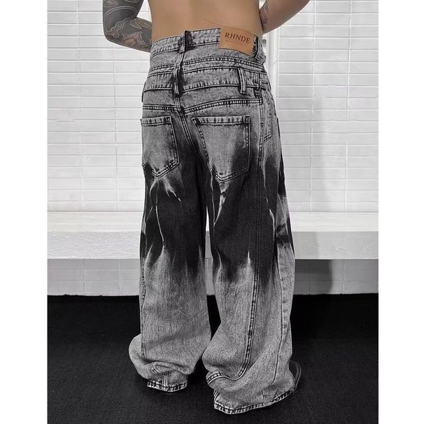 Men’s Washed Grey Wide-Leg Jeans – Vintage Faded Denim Pants, High Waist Loose Fit, Long Hem For Retro Street Style_mkmklike.com