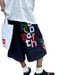 Japanese Streetwear Denim Shorts For Men & Women - Colorful Letter Print, Loose Fit Cropped Dark Blue Summer Shorts_mkmklike.com
