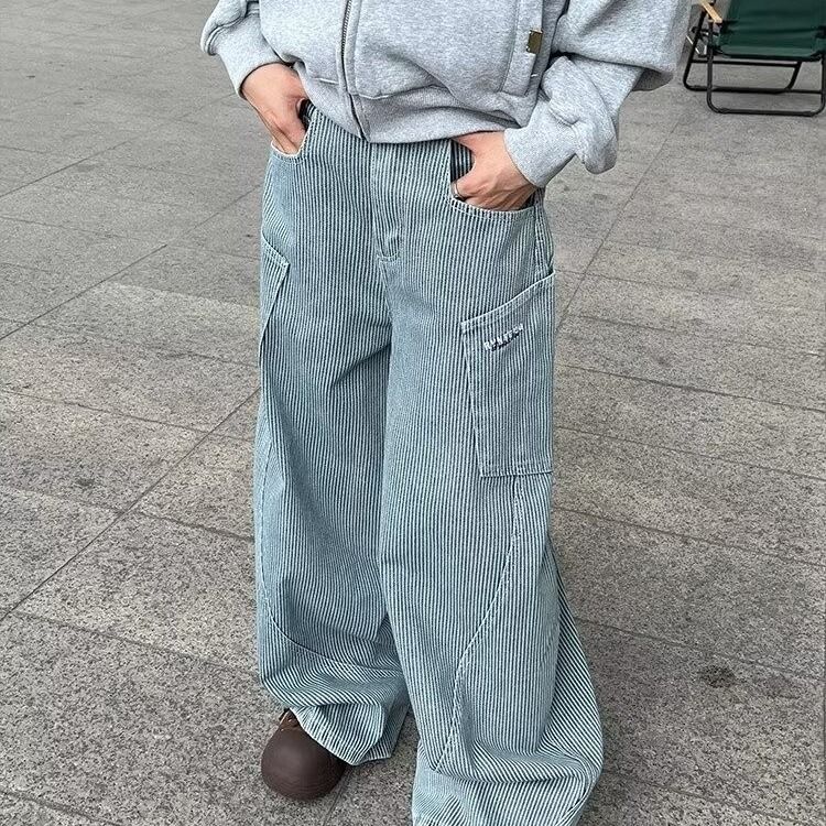 Men's Mid-Waisted Wide Leg Jeans Retro American Style Trendy Striped Design Loose Curved Trousers_mkmklike.com