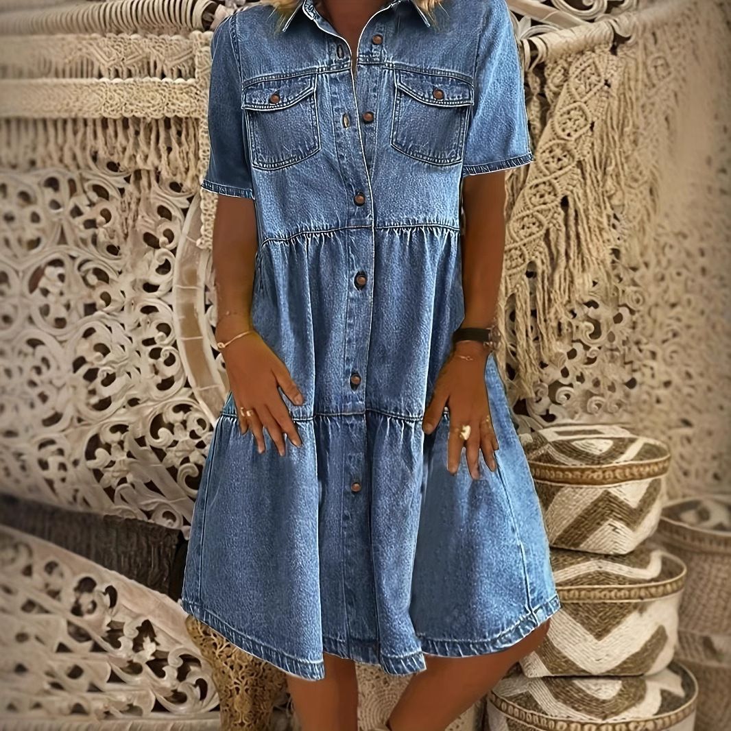 Women's Clothing Lapel Short Sleeve Spring And Summer Elegant Loose Women's Mid Length Dress_mkmklike.com