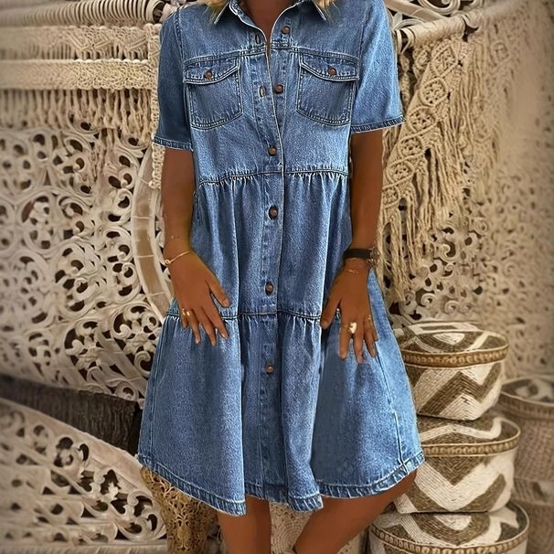 Women's Clothing Lapel Short Sleeve Spring And Summer Elegant Loose Women's Mid Length Dress_mkmklike.com