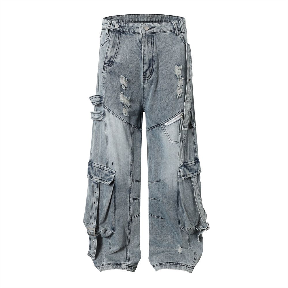 Post-Industrial Distressed Washed Workwear Jeans For Men With Design Sense, Heavy-Duty Split And Spliced Wide-Leg_mkmklike.com
