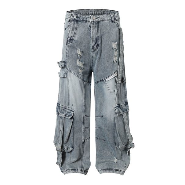 Post-Industrial Distressed Washed Workwear Jeans For Men With Design Sense, Heavy-Duty Split And Spliced Wide-Leg_mkmklike.com