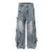 Post-Industrial Distressed Washed Workwear Jeans For Men With Design Sense, Heavy-Duty Split And Spliced Wide-Leg_mkmklike.com