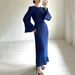 Women's clothing new fashion long skirt female leisure solid color round neck trumpet sleeve pleated dress_mkmklike.com
