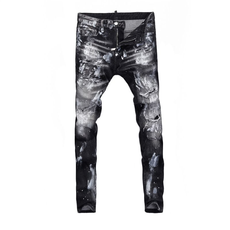 Men's Clothing High Street Fashion Ripped Jeans Distressed Black Grey Washed Paint Printing And Dyeing Slightly Elastic Slim Fit Skinny Jeans_mkmklike.com