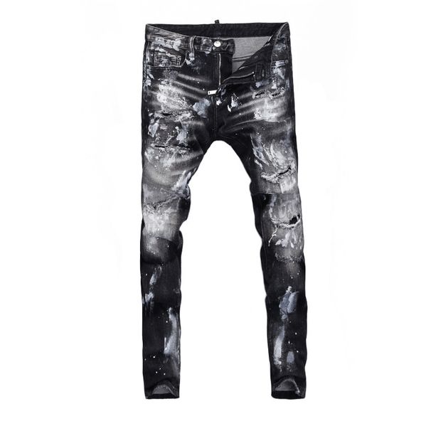 Men's Clothing High Street Fashion Ripped Jeans Distressed Black Grey Washed Paint Printing And Dyeing Slightly Elastic Slim Fit Skinny Jeans_mkmklike.com