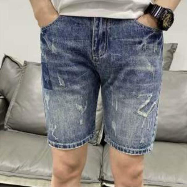 Men's Clothing Denim Shorts Summer Thin Loose Trendy Breeches Ripped Casual Five Point Mid Length Pants_mkmklike.com