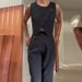 Women's Clothing solid color round neck button top temperament straight pants suit_mkmklike.com