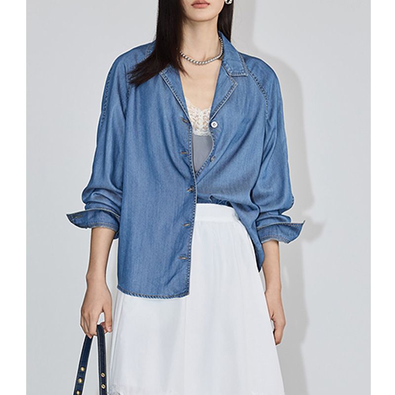 Women's Clothing Tencel Acetate Denim Spring Retro Suit Collar Embroidery Drape Loose Versatile Shirt_mkmklike.com
