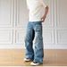 Men's Vintage American Workwear Jeans – Distressed Light Wash With Multi-Pocket Design, Loose Fit & Raw Hem Detail_mkmklike.com