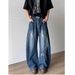 Washed And Worn Curved Knife Jeans For Men, American Hip-Hop High Street Wide Pants, Loose Straight Leg Pants_mkmklike.com