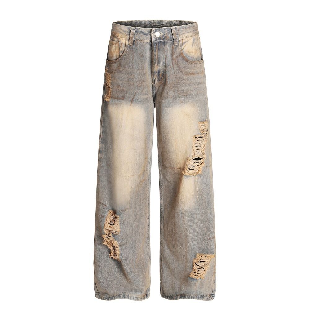 Heavy Industry Wasteland Vintage Distressed Ripped Jeans For Men Loose Niche Washed White Dirty Wide-Leg Straight Pants_mkmklike.com