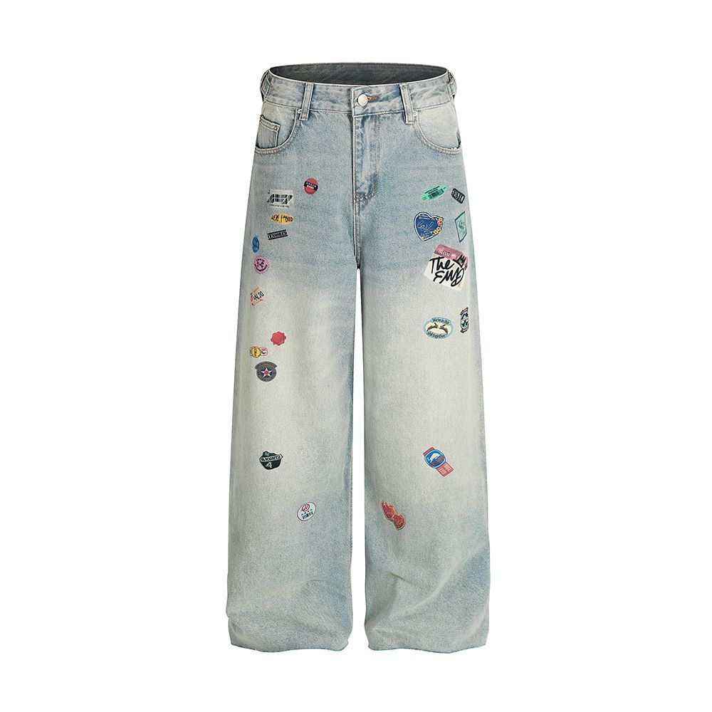 Fun Cartoon Sticker Print Washed Denim Pants Punk Men's Street Style Loose Straight Vintage Frayed Hem_mkmklike.com