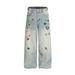 Fun Cartoon Sticker Print Washed Denim Pants Punk Men's Street Style Loose Straight Vintage Frayed Hem_mkmklike.com
