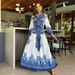 Women's Clothing 2024 new blue printed round neck slim fit long sleeve ethnic style casual fashion long women's dress_mkmklike.com