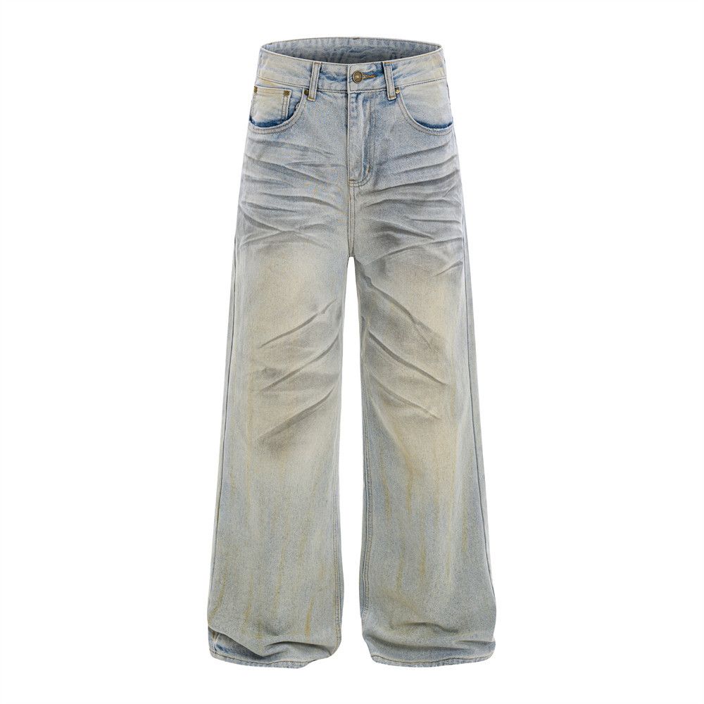 Punk Wateland Style Ditreed Dirty Wide-Leg Jean For Men Street Fahion Faded Wahed Looe Caual Straight Long_mkmklike.com