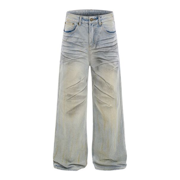 Punk Wateland Style Ditreed Dirty Wide-Leg Jean For Men Street Fahion Faded Wahed Looe Caual Straight Long_mkmklike.com