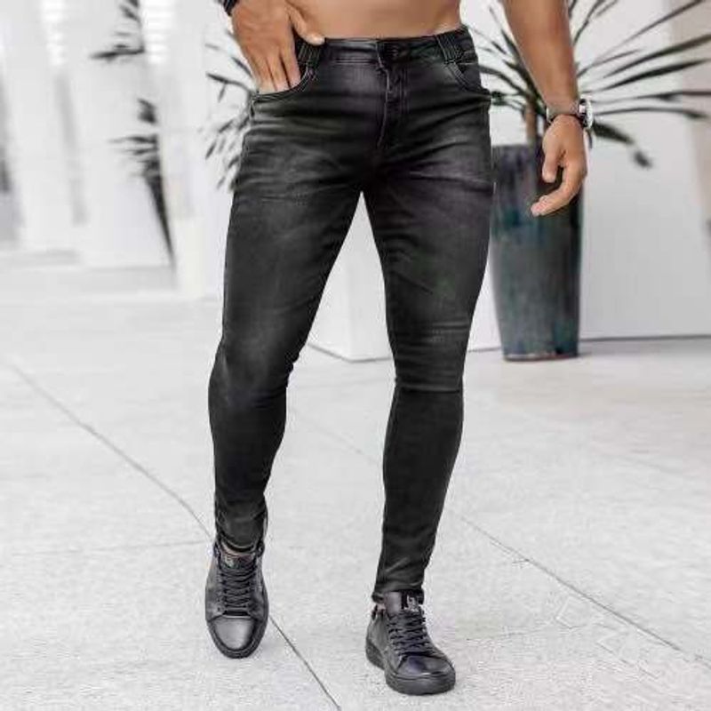 Men's Ins Trend Black Slim Fit High Waist Denim Small Leg Pants Men_mkmklike.com