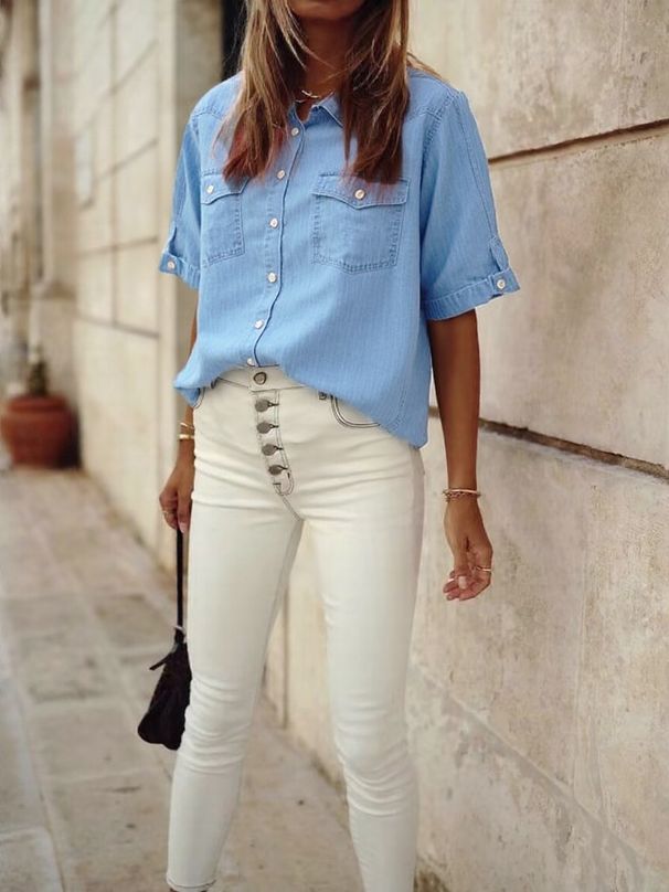 Women's Clothing Denim Shirt Women's Summer Thin Short Sleeve New Fashion Lapel Shirt_mkmklike.com