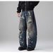 American Trendy Brand Washed Old Ink Splashing Tie-dye Ripped Scimitar Jeans Men's Spring New Wide-leg Trousers Tide_mkmklike.com