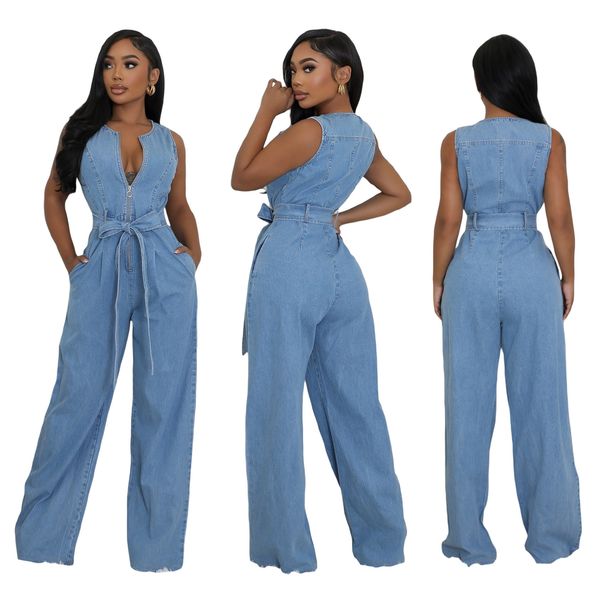 Women's Clothing Tight Waist Slim Elastic Washed Denim Jumpsuit_mkmklike.com