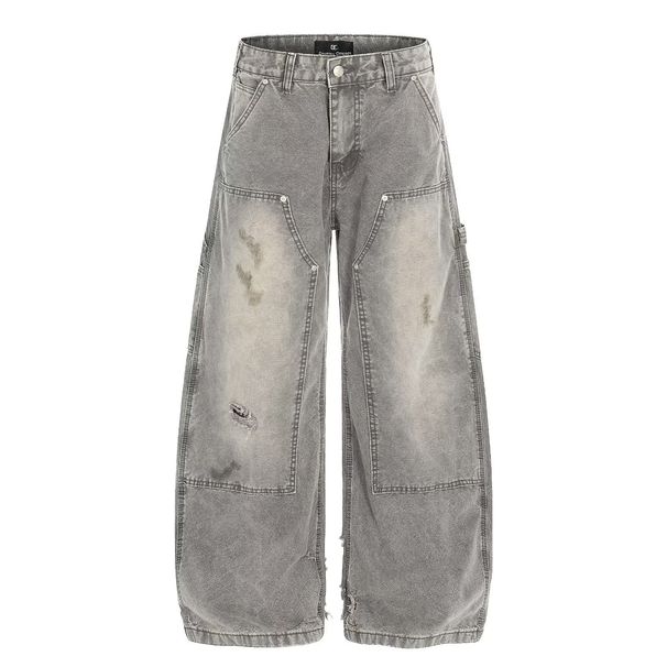 Unisex High Waist Vintage Washed Straight-Leg Jeans Relaxed Fit Distressed Details Grey S-3XL Men's Clothing Denim_mkmklike.com