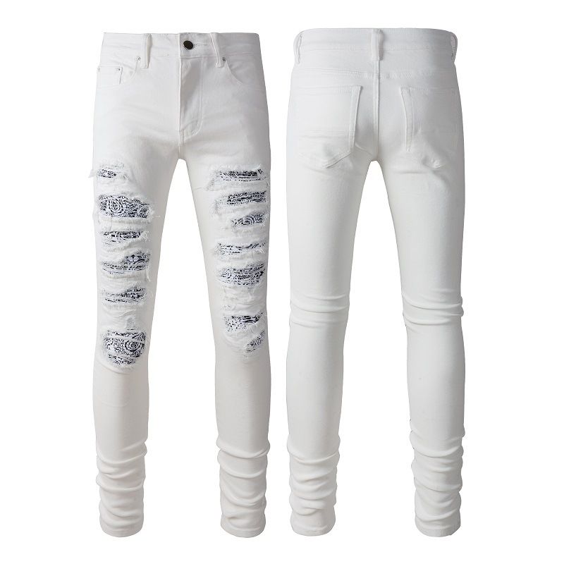 Men's Clothing American Fashion Casual High Street White Jeans Men's Slim Elastic Ripped White Men's Pants 592_mkmklike.com