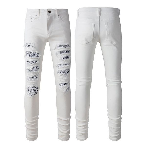 Men's Clothing American Fashion Casual High Street White Jeans Men's Slim Elastic Ripped White Men's Pants 592_mkmklike.com