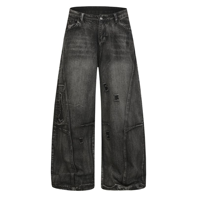 Distressed Boyfriend Jeans - Vintage Washed Black With Artful Rips & Relaxed A-Line Cut For Effortless Streetwear_mkmklike.com
