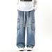 Men's Retro Trendy Workwear Casual Jeans Loose Straight Leg Elastic Waist Wide Leg Hong Kong Style Midweight Softener Machine Washable_mkmklike.com