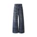 Men's High Street Distressed Washed Blue Jeans - Loose Fit Casual Wide Leg Straight Trousers With Cat Whiskers_mkmklike.com