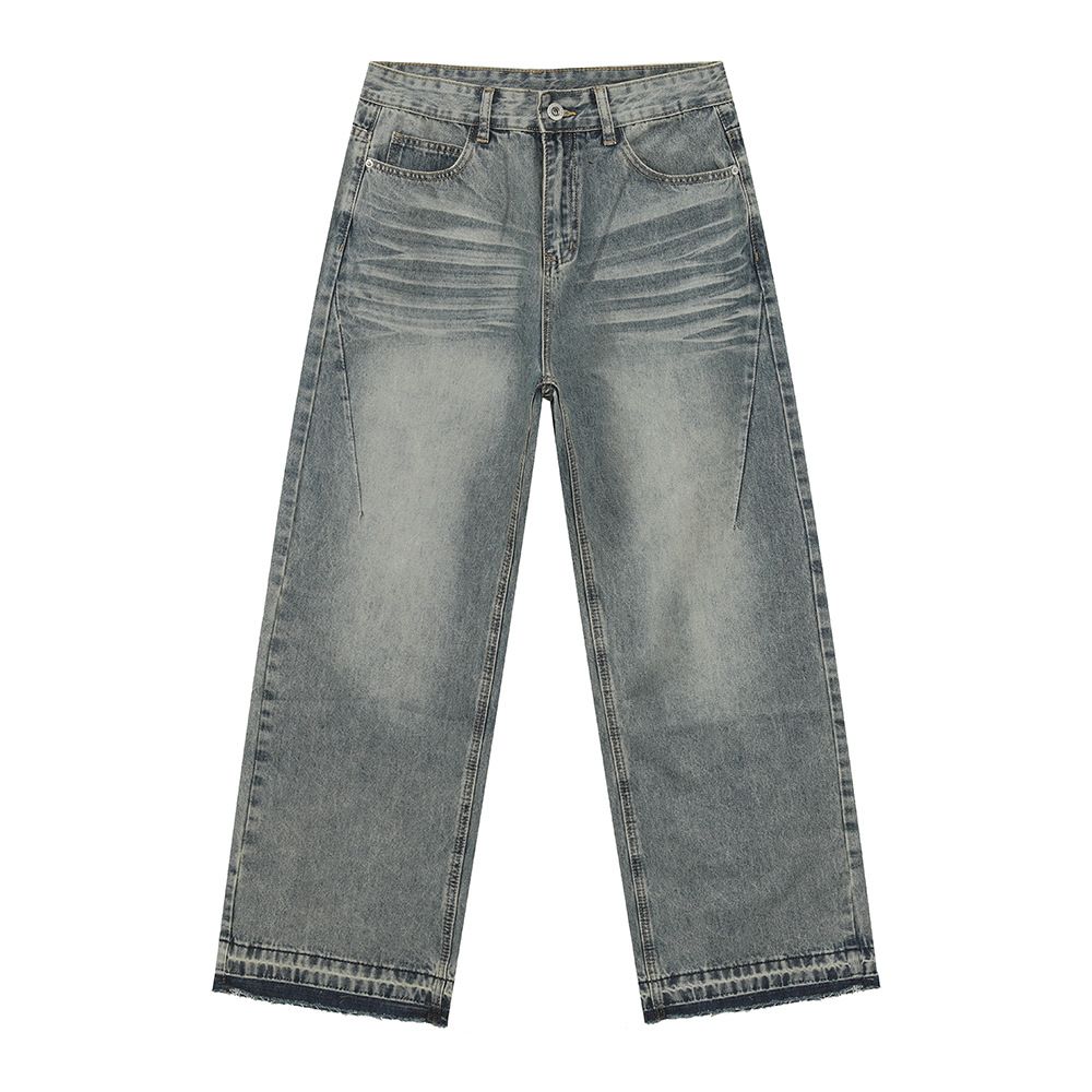 Men's Clothing Retro Distressed Raw Edge Design High Street Versatile Casual Straight Loose Jeans Trend_mkmklike.com