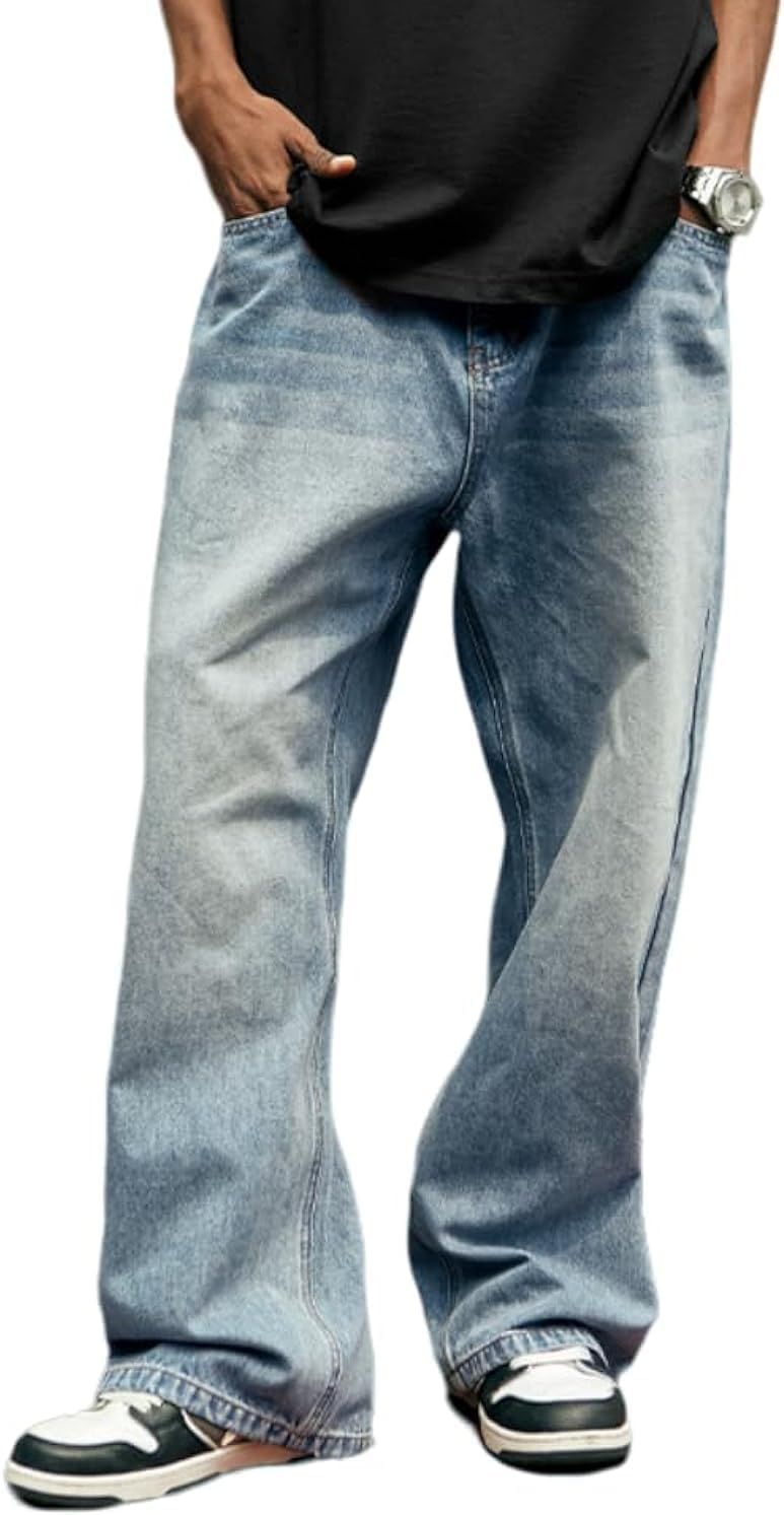 Mens Baggy Jeans Vintage Plain Pants Casual Wide Leg Loose Fit Denim Hip Hop Jean_mkmklike.com