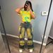 Women's High-Waisted Cargo Jeans – Oversized Utility Pants With Acid Wash & Multi-Pockets (S-3XL, Lemon Yellow, Streetwear Chic, Stretch Polyester)_mkmklike.com