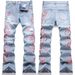 Men's Slightly Sexy Ripped Denim Jeans Street Style Plum Blossom Embroidered Non-Stretch Trousers European American Cross Border_mkmklike.com