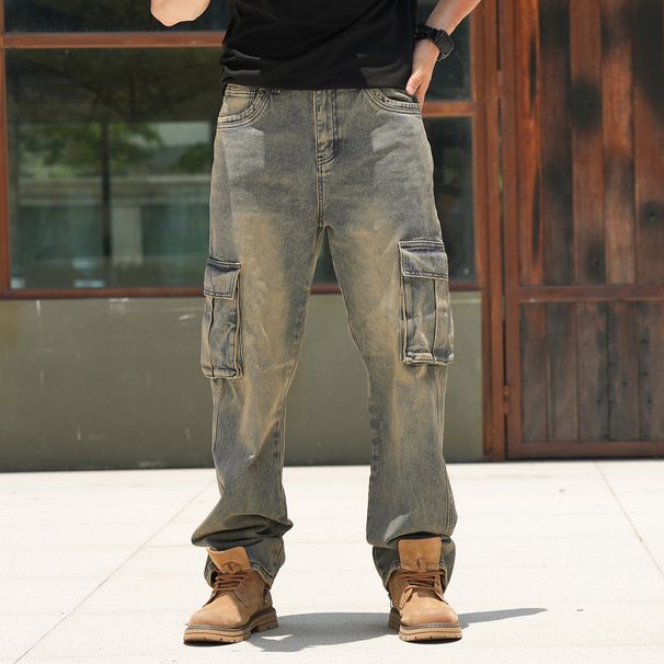 Men's Clothing Brand Multi Pocket European And American Work Jeans Men's Wide Leg Loose Large Size_mkmklike.com