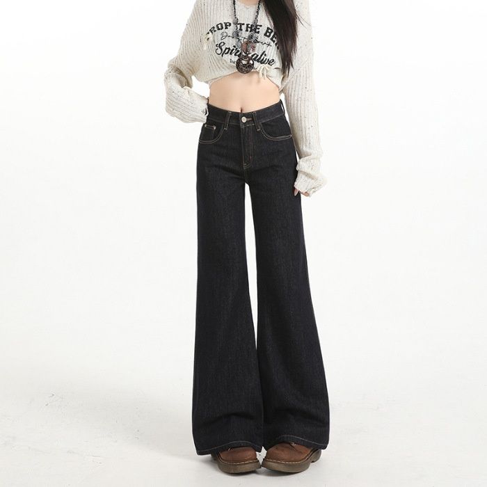 6313#American-style Denim Flared Jeans For Women, Dark Blue, Non-tight-fitting, Casual Straight-leg Bell-bottom Pants_mkmklike.com