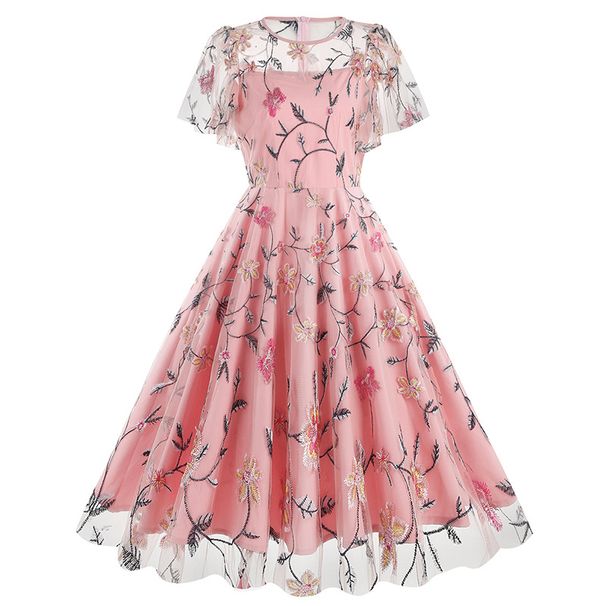 Women's Clothing round neck waist mesh embroidery dress retro Hepburn dress_mkmklike.com