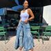 Women's Faux Two Piece Denim Skirt European American Style Streetwear Symmetrical Slit Jeans_mkmklike.com
