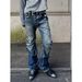 Men's Retro Washed Flared Jeans Buttoned Pleated Straight Slim Trousers American Style Rippled Softener Blue Long Pants_mkmklike.com