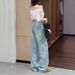 Floral Embroidered Flare Jeans For Women – High-Waisted Wide Leg Pants With Rhinestones, Winter Fleece Lined, Stretch Denim (S-2xl, Light Blue)_mkmklike.com