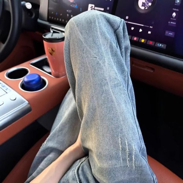 High Street Men's Distressed Washed Denim Jeans Straight Leg Slim Fit Vibe Pants Tall Fitted Slightly Flared_mkmklike.com
