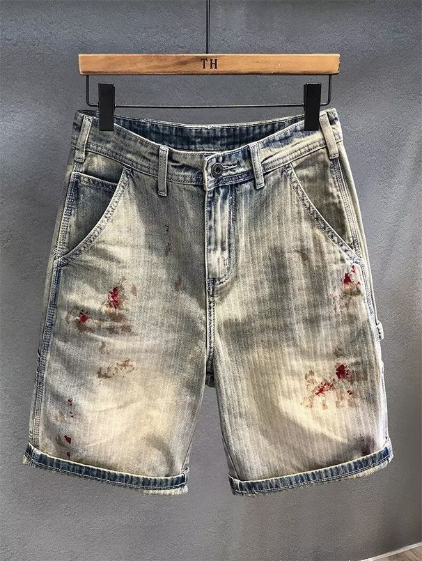 Men's Plus Size Retro Distressed Denim Shorts Washed Trendy Loose Straight Leg Five Point Mid Length_mkmklike.com