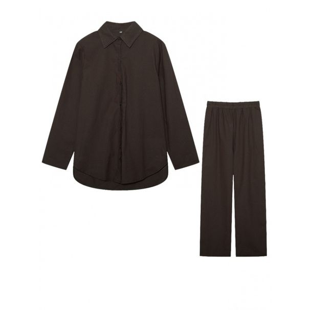 Women's Clothing women's two piece set women's lapel long sleeved shirt spring and autumn casual solid color pants wide leg suit_mkmklike.com