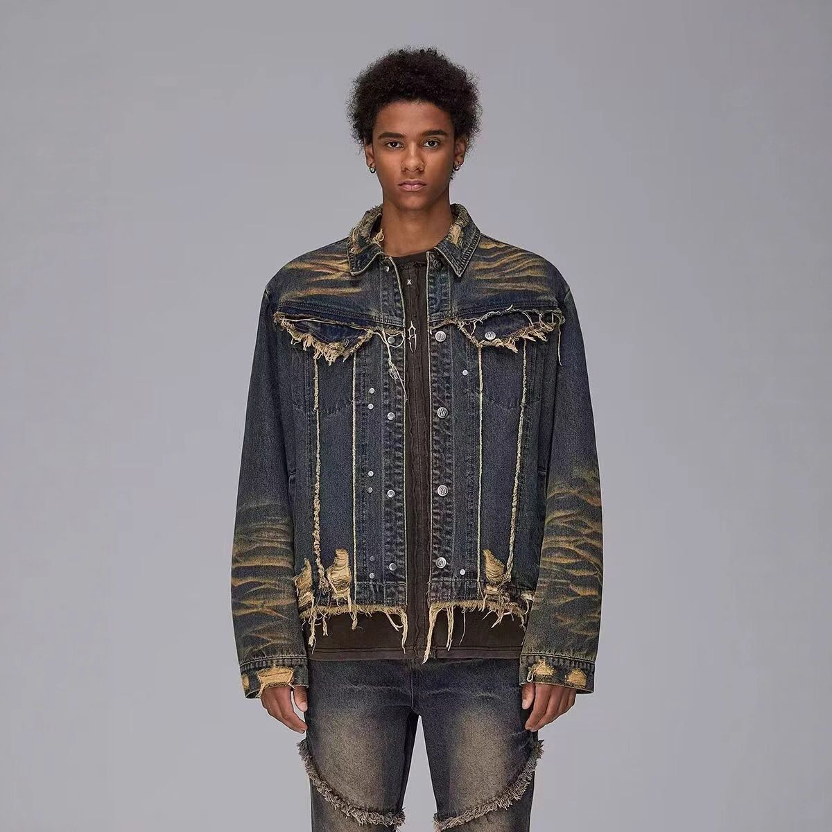 Vintage Washed Denim Jacket For Men - Retro Distressed High Street Fashion Oversized Biker Coat With Tie-Dye Design_mkmklike.com